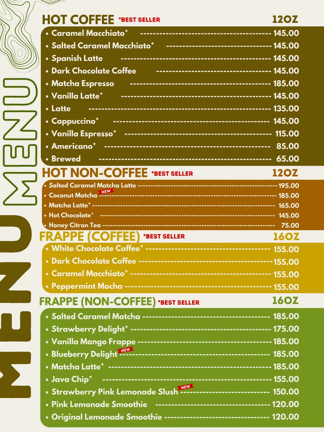 Hot coffee, non-coffee and frappe menu card