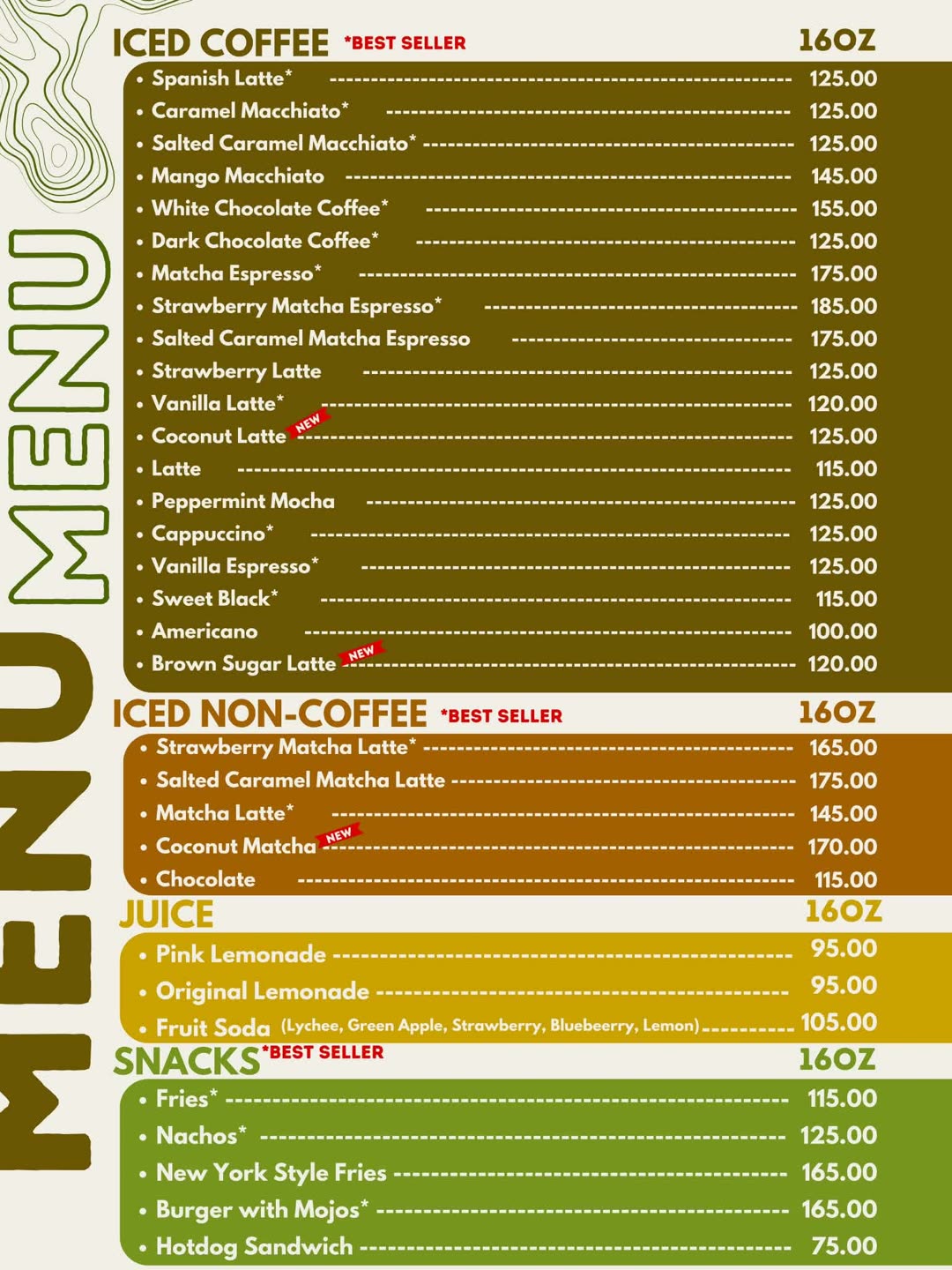 Iced coffee, non-coffee, juice and snacks menu card