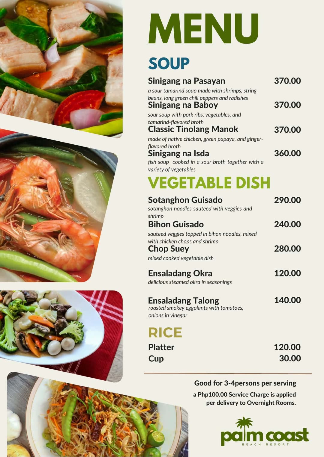 Soup, vegetable dishes and rice menu card