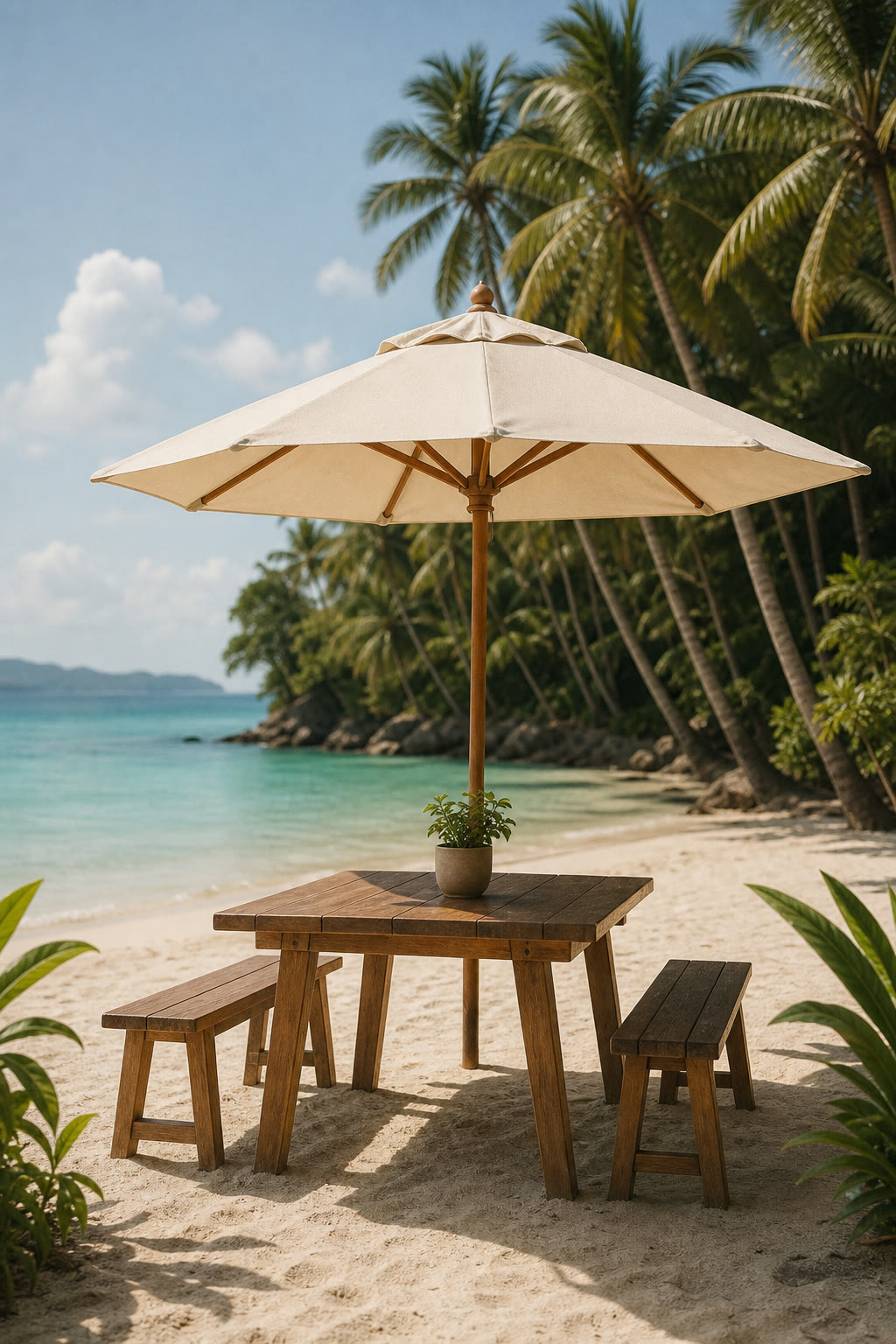 Shaded table with umbrella by the shore at Palm Coast Beach Resort